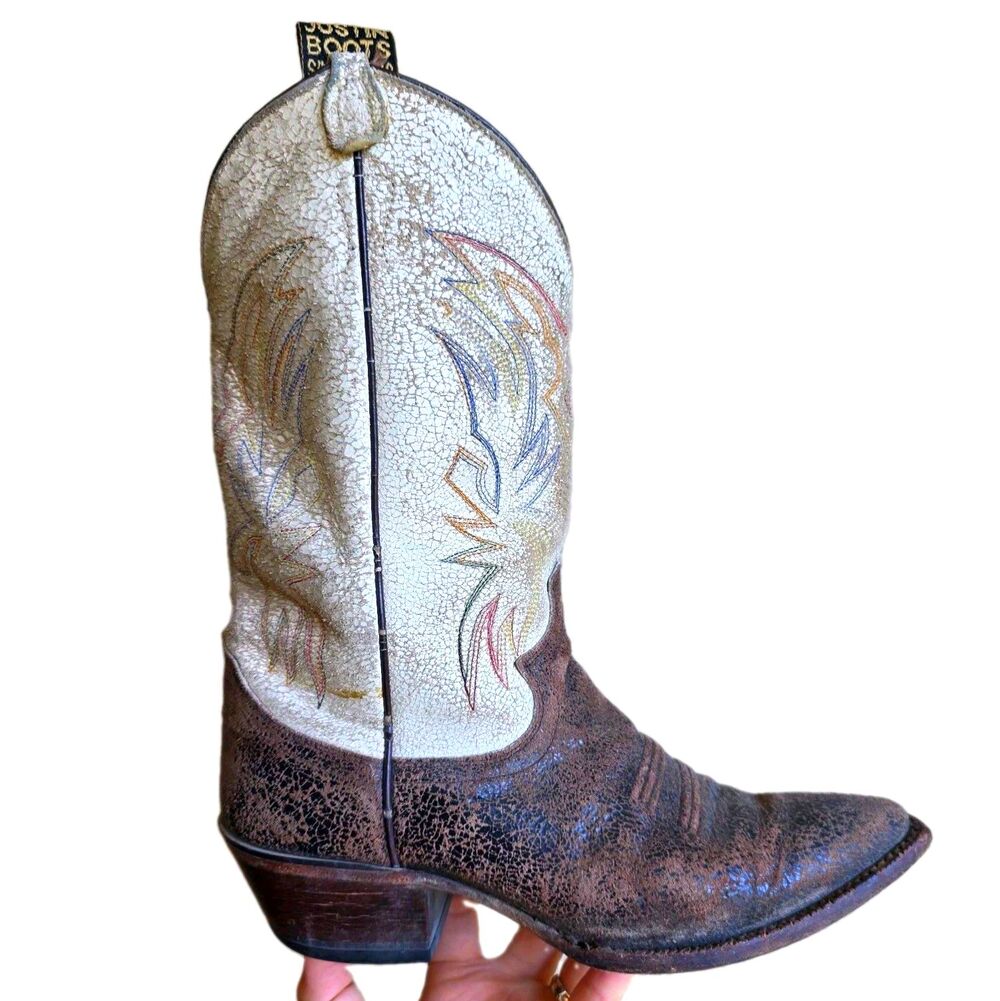 Justin Boots 7B Womens Point Toe Crackle Suede Leather Brown Ivory